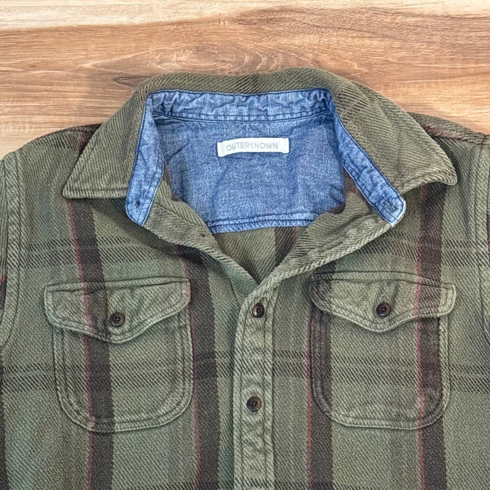 Outerknown Blanket Shirt Mens Medium Olive Green Plaid Organic Cotton Flannel - Picture 3 of 7